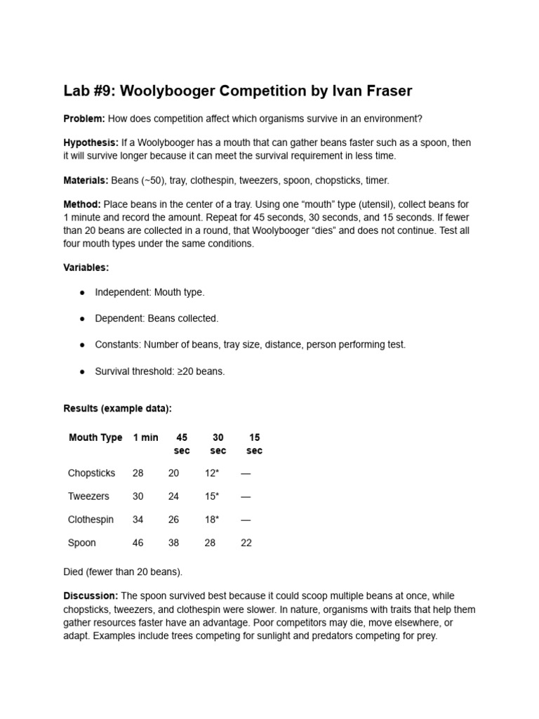 Woolybooger Survival Competition Lab | PDF