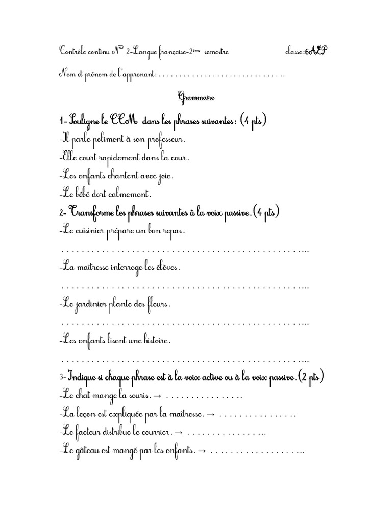 Contrôle continu de français 6AEP | PDF | Phrase | Linguistique
