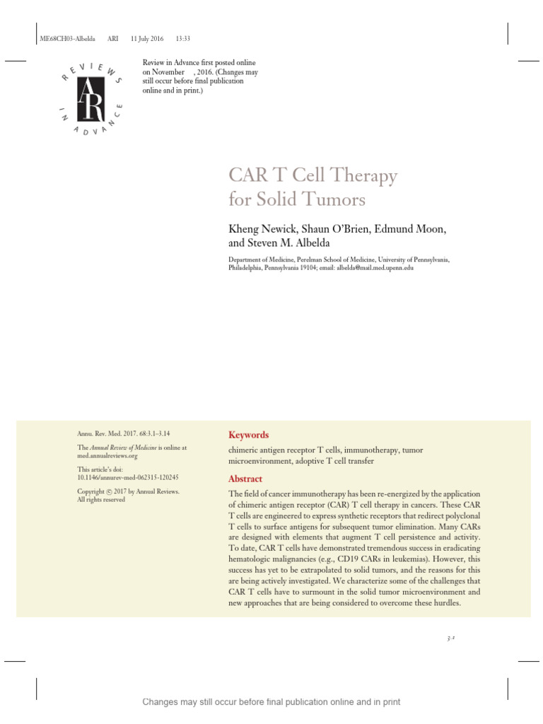CAR T Cell Therapy Challenges in Solid Tumors | PDF | T Cell | Antigen