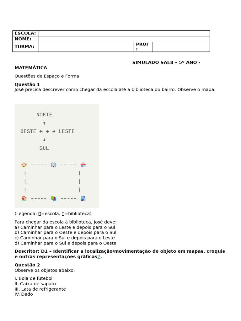 Gabarito Simulado SAEB 5º Ano Matemática | PDF | Metro | Geometria