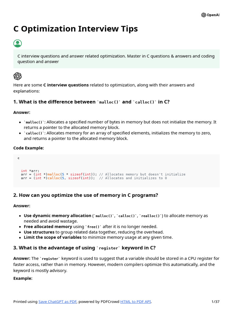 C Interview Optimization Tips | PDF | Pointer (Computer Programming ...