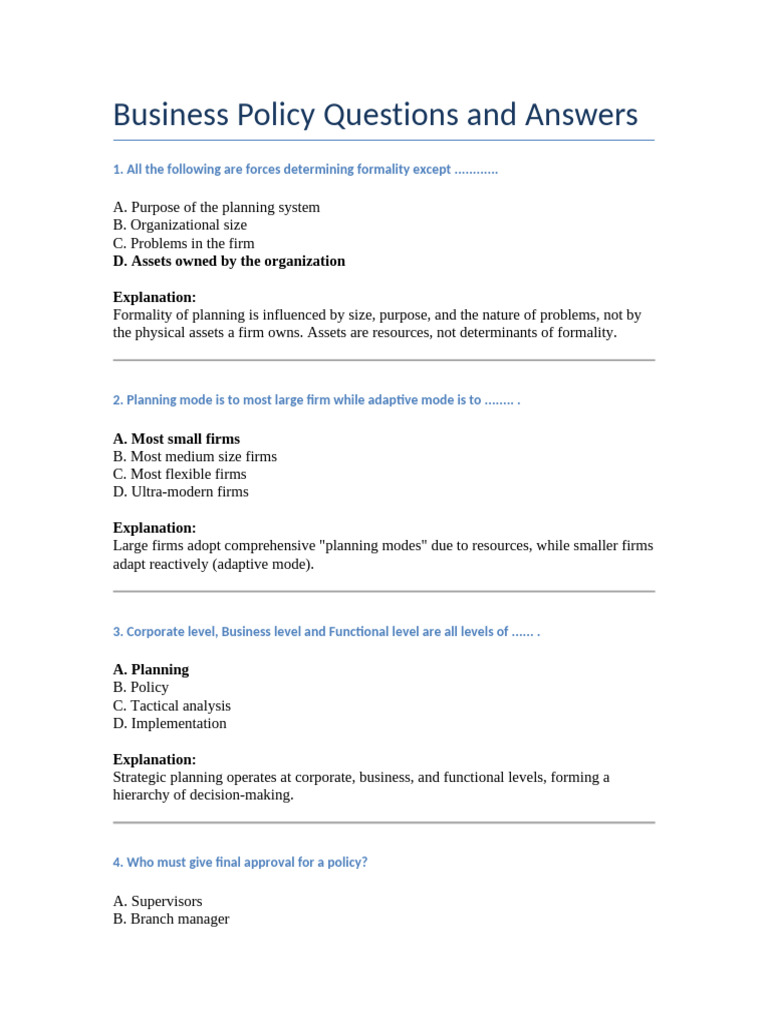 Business Policy Q&A: Key Concepts Explained | PDF | Strategic ...