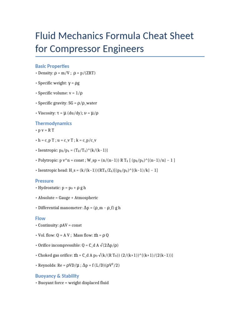 Fluid Mechanics Cheat Sheet for Compressors | PDF | Pressure ...