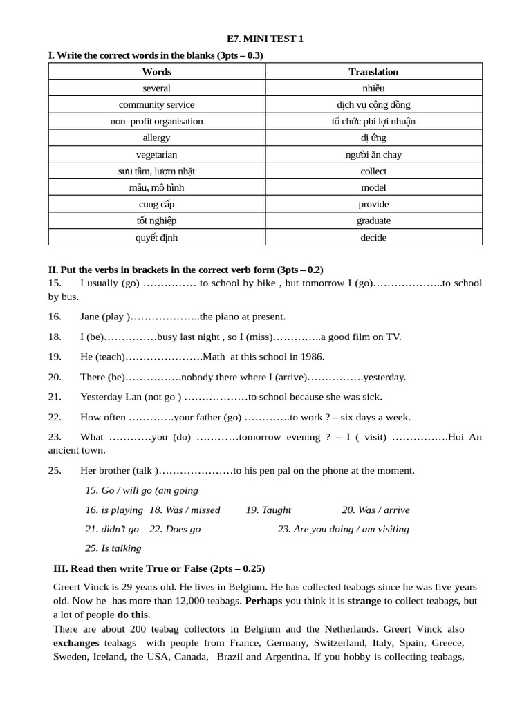 Mini Test 1: Vocabulary & Grammar Practice | PDF | Chess Openings | Chess