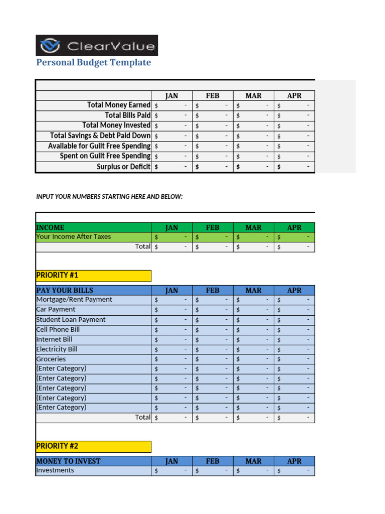 ClearValue Personal Budget Template Final | PDF