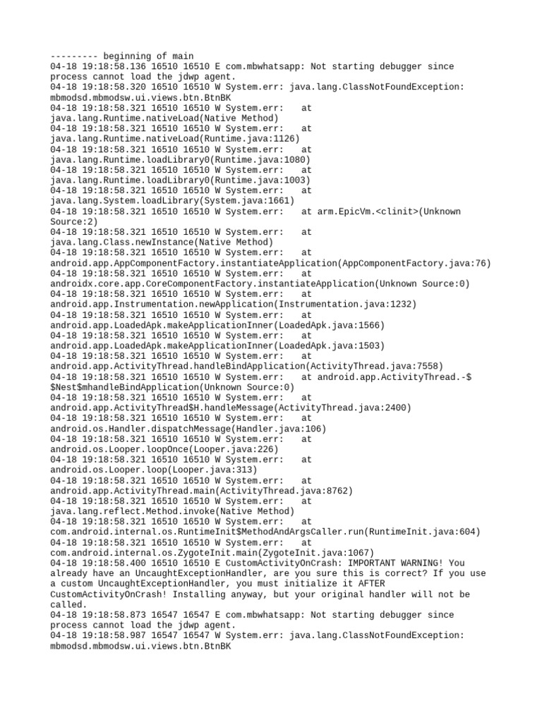 Debugging Errors in MBWhatsApp Logs | PDF | Java (Programming Language ...