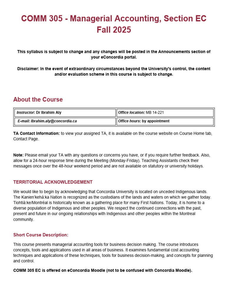 FINAL COMM 305 F25 - Outline agenda-ALY | PDF | Management Accounting ...