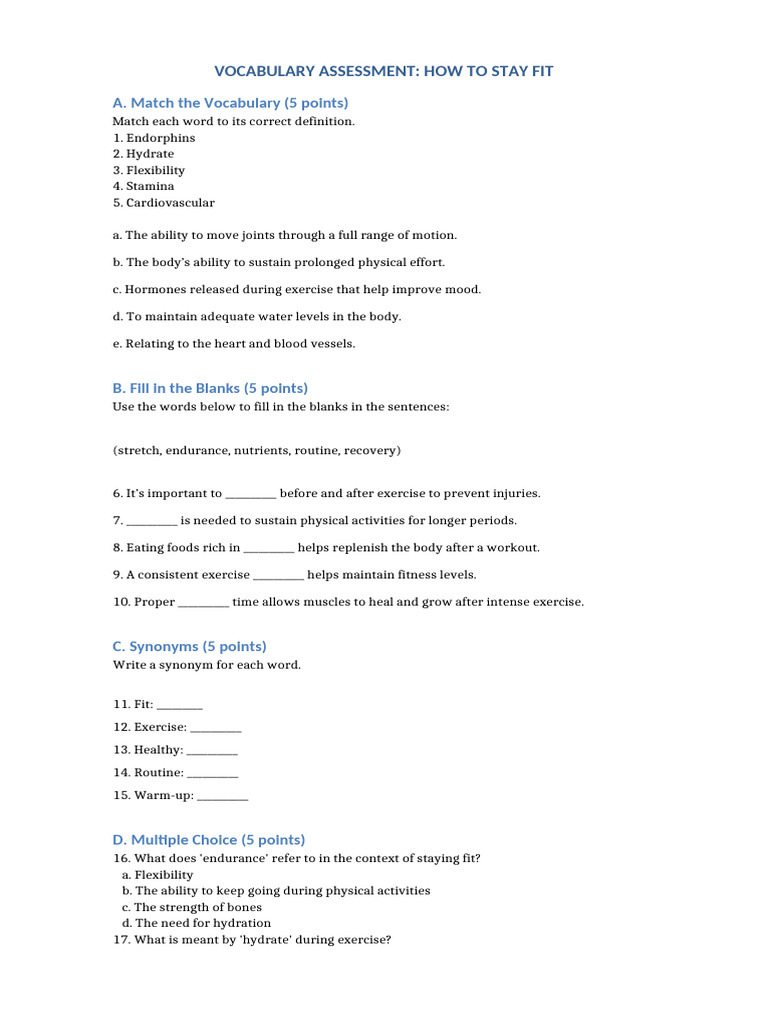 Vocabulary Assessment How To Stay Fit For Student | PDF | Physical ...