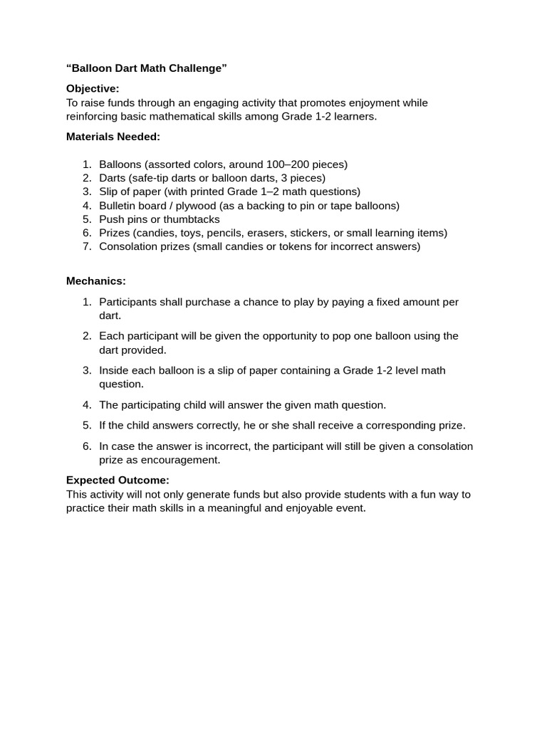 Balloon Dart Math Challenge | PDF