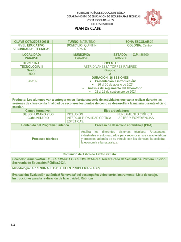 Plan de Clase Tecnología III Secundaria | PDF | Aprendizaje