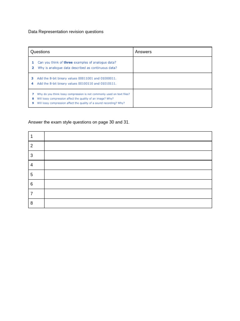 Data Representation Revision Questions | PDF