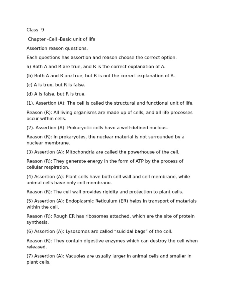 Assertion-Reason Questions on Cells | PDF | Cell (Biology ...