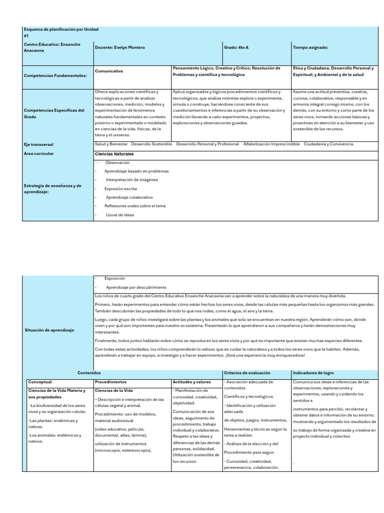 Esquema de Planificación Por Unidad 2025 | PDF | Aprendizaje | Evaluación