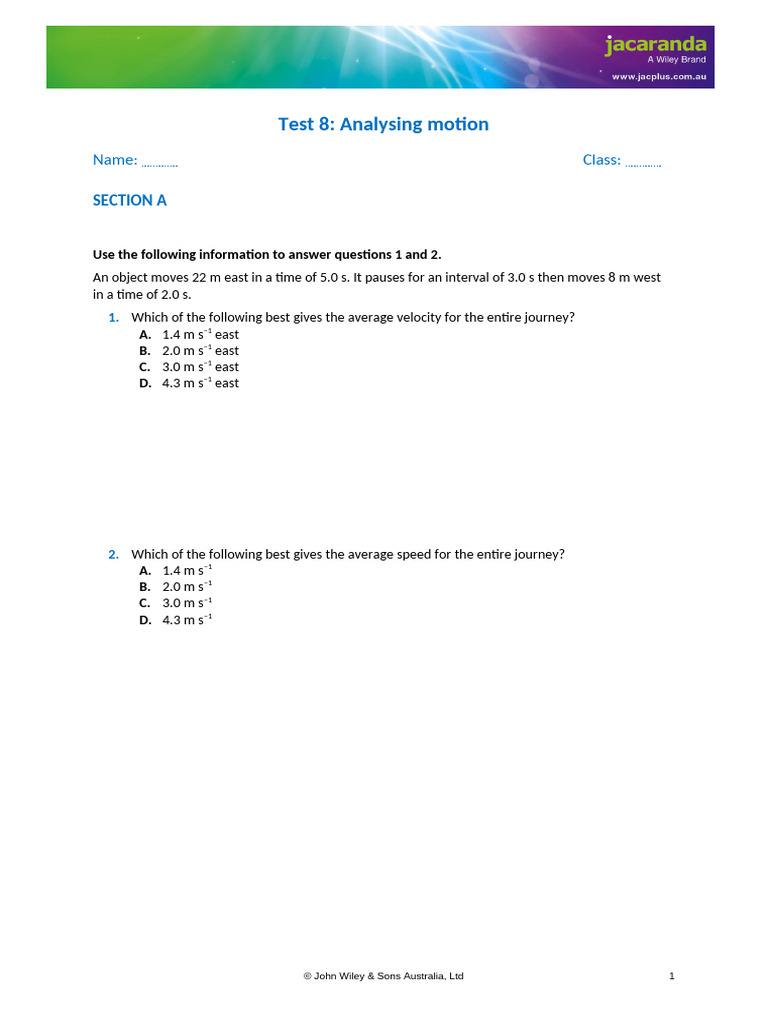 Motion Analysis Test Questions | PDF | Speed | Acceleration