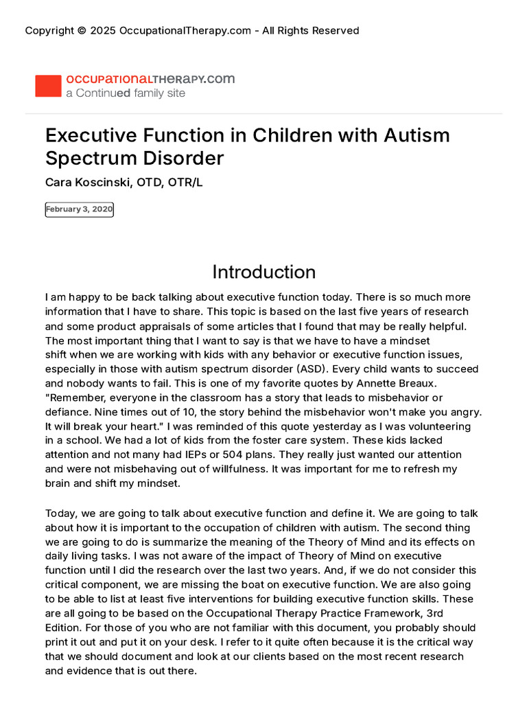 Executive Function in Autism: Key Insights | PDF | Occupational Therapy ...