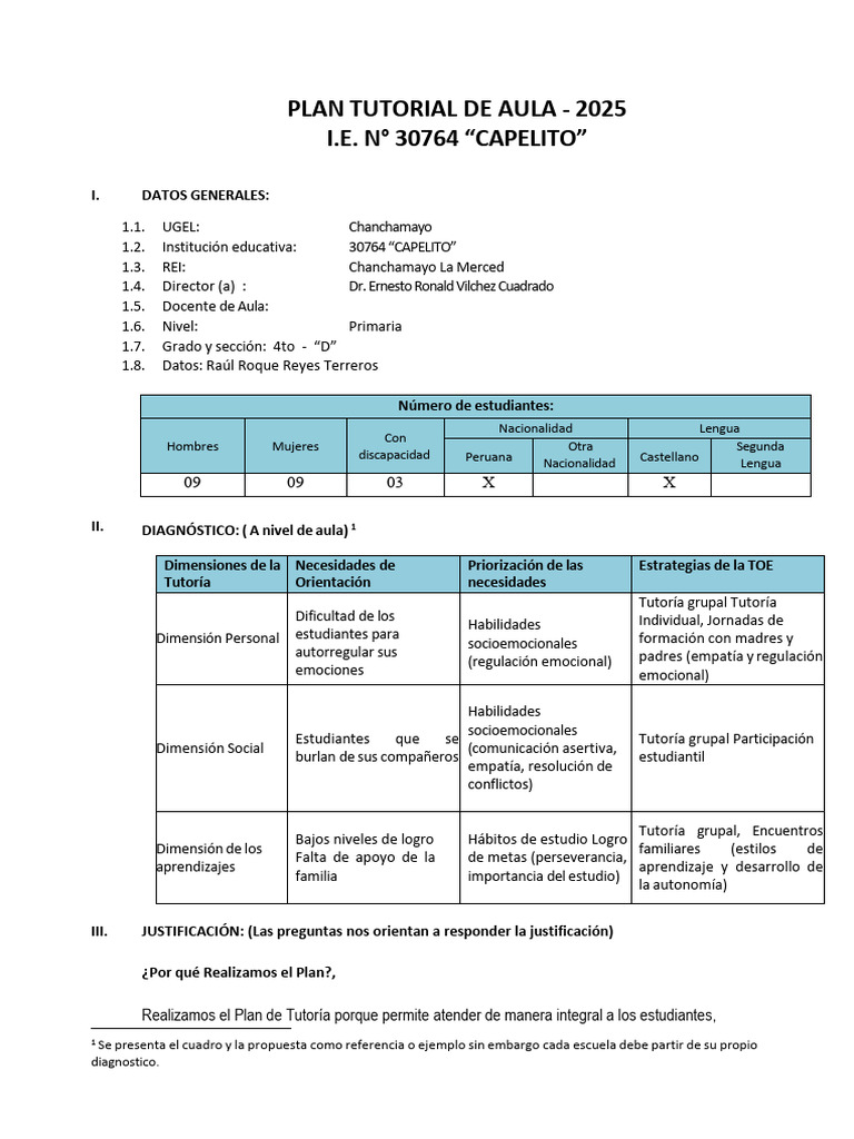 Plan Tutorial de Aula 2025 en Capelito | PDF | Autorregulación ...