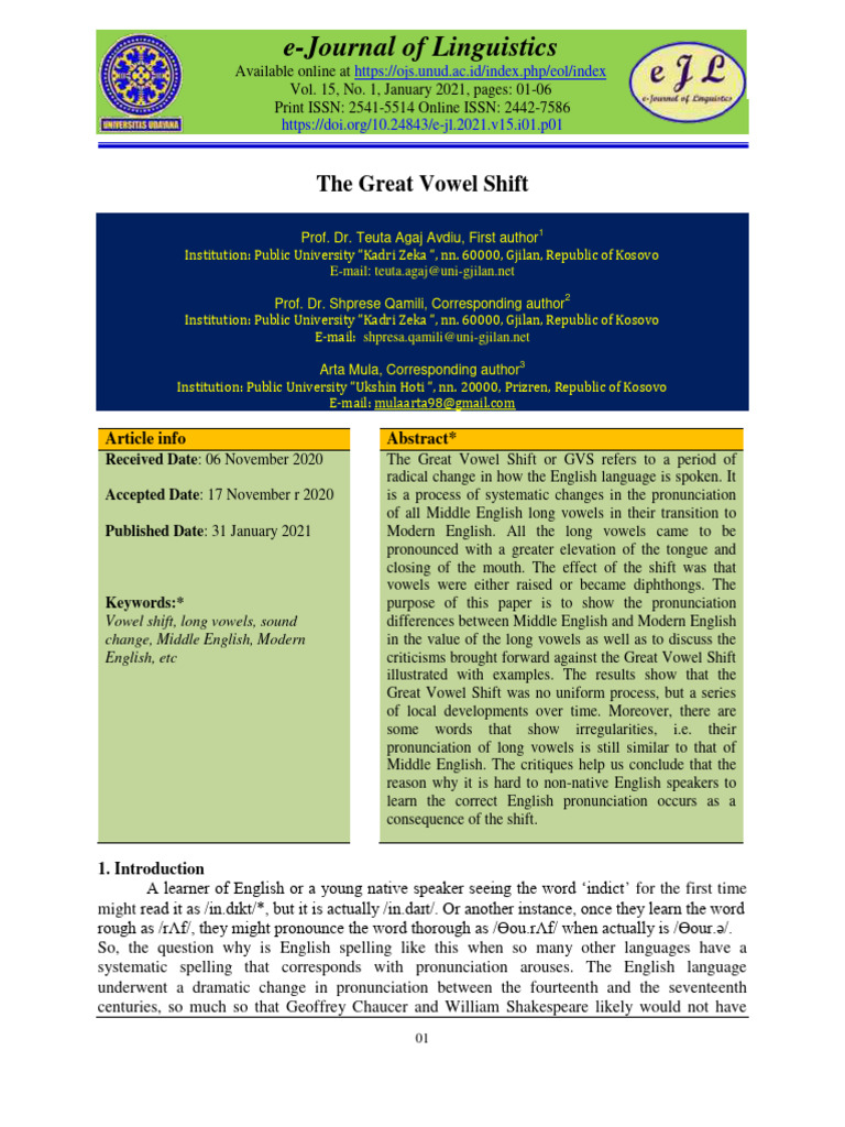 Pronunciation Changes in the Great Vowel Shift | PDF | English