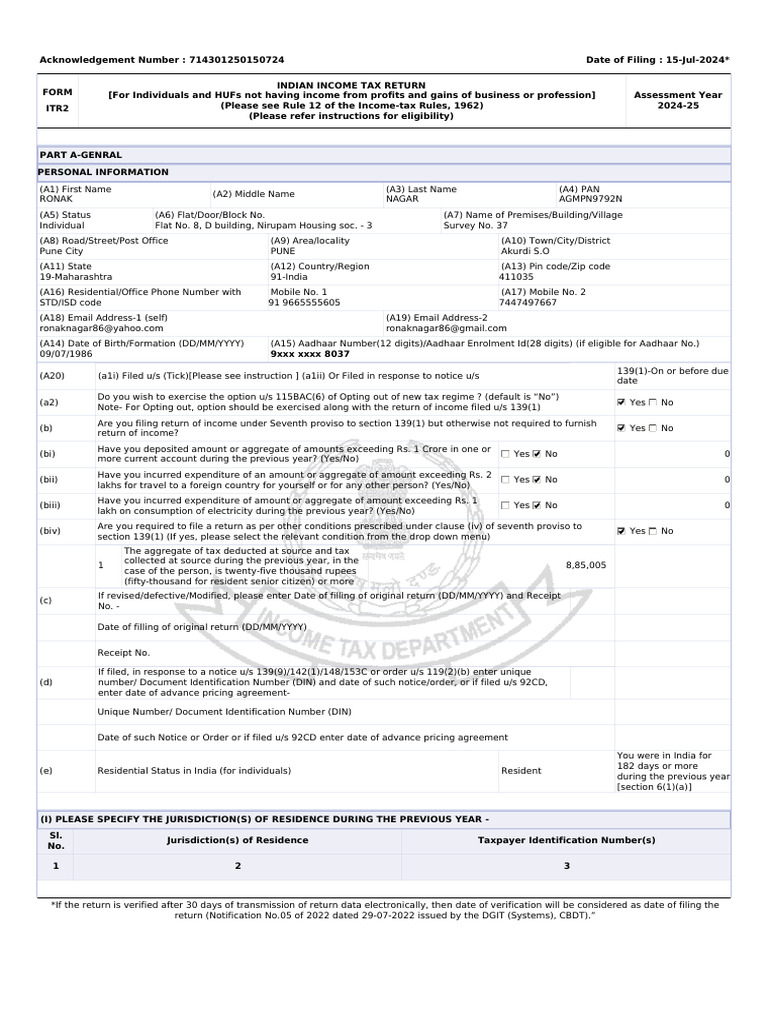 Income Tax Return for AY 2024-25 | PDF | Capital Gain | Capital Gains Tax