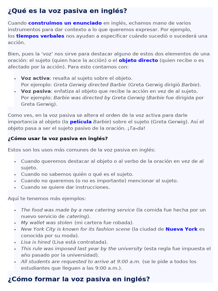 Estructura y Uso de la Voz Pasiva en Inglés | PDF | Verbo | Objeto ...