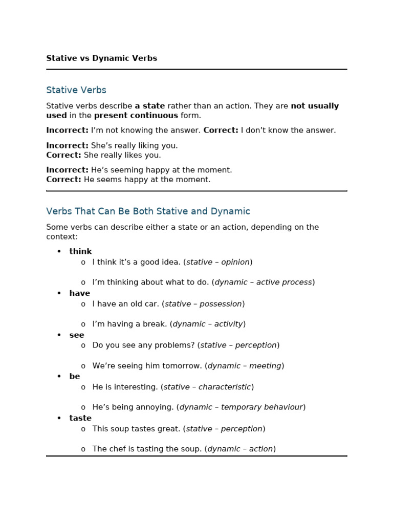 Stative vs Dynamic Verbs Explained | PDF | Language Mechanics ...