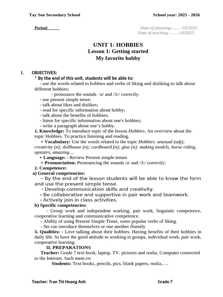 Hobbies Lesson Plan for Grade 7 | PDF | Vocabulary | Communication