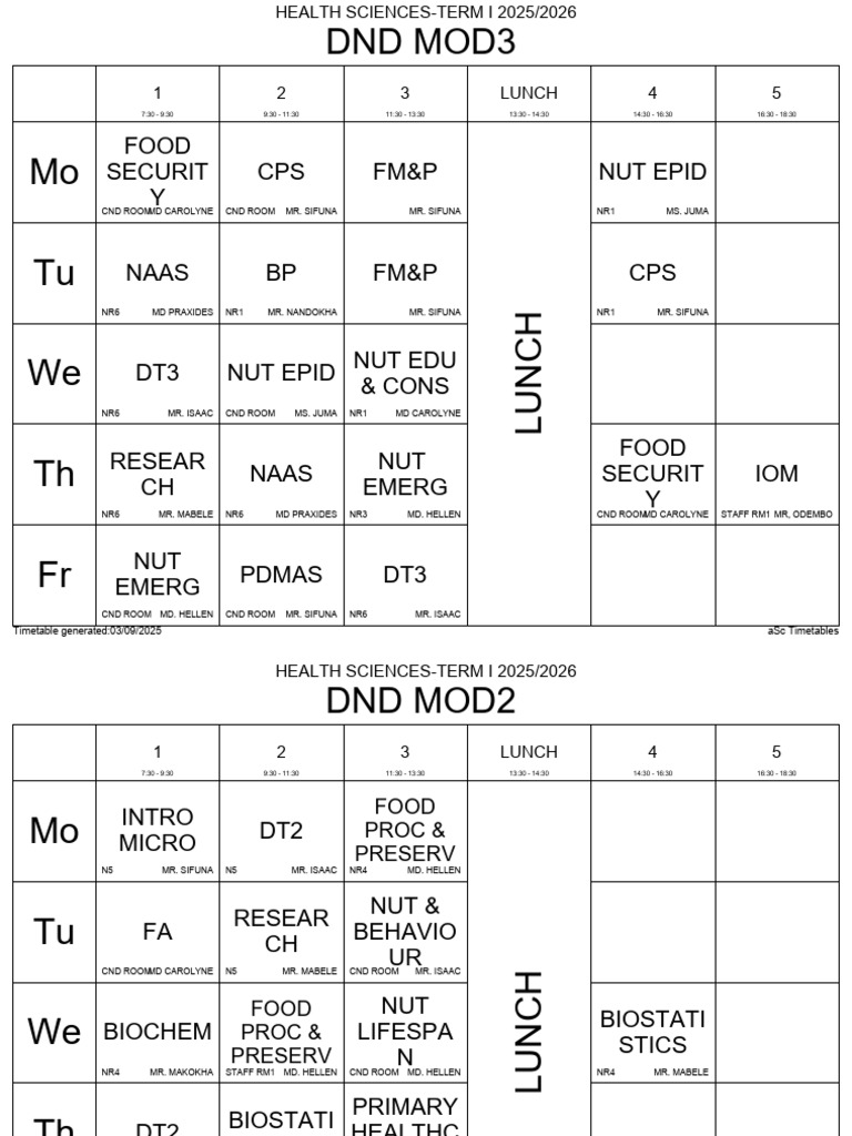 Health Sciences Timetable 2025/2026 | PDF