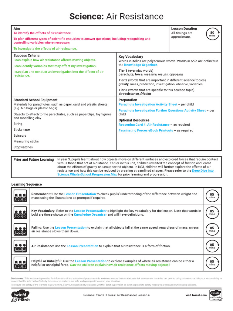 Year 5 Science: Air Resistance Lesson | PDF | Force | Science