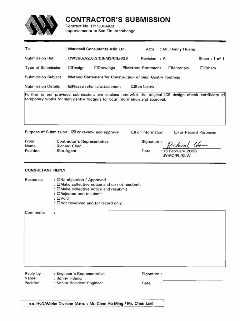 Method Statement For Construction of Sign Gantry Footings | PDF