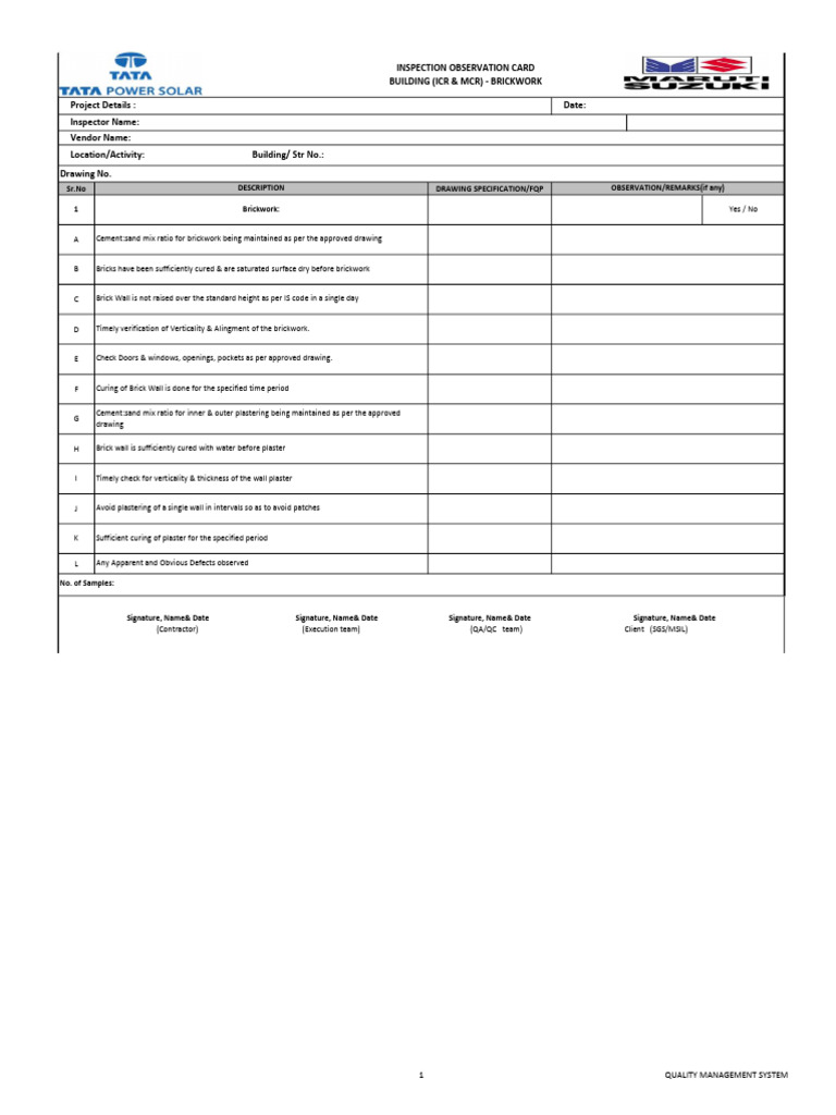 Brickwork Quality Inspection Card | PDF