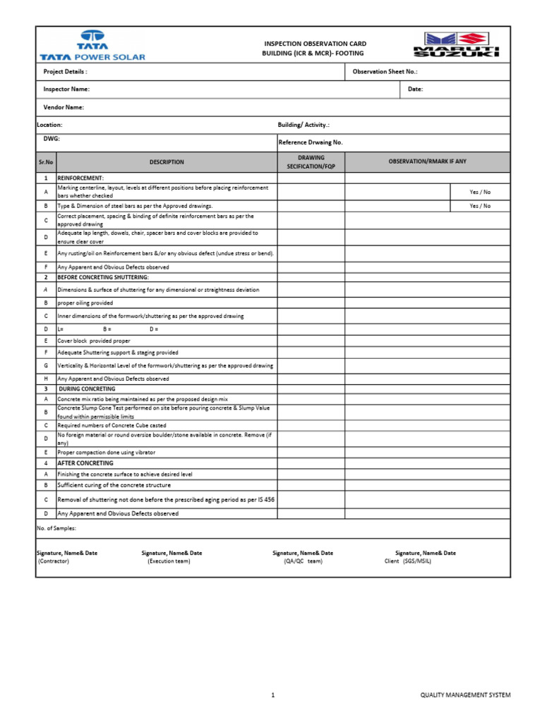 Colunm Footing Checklist | PDF | Concrete | Building Technology