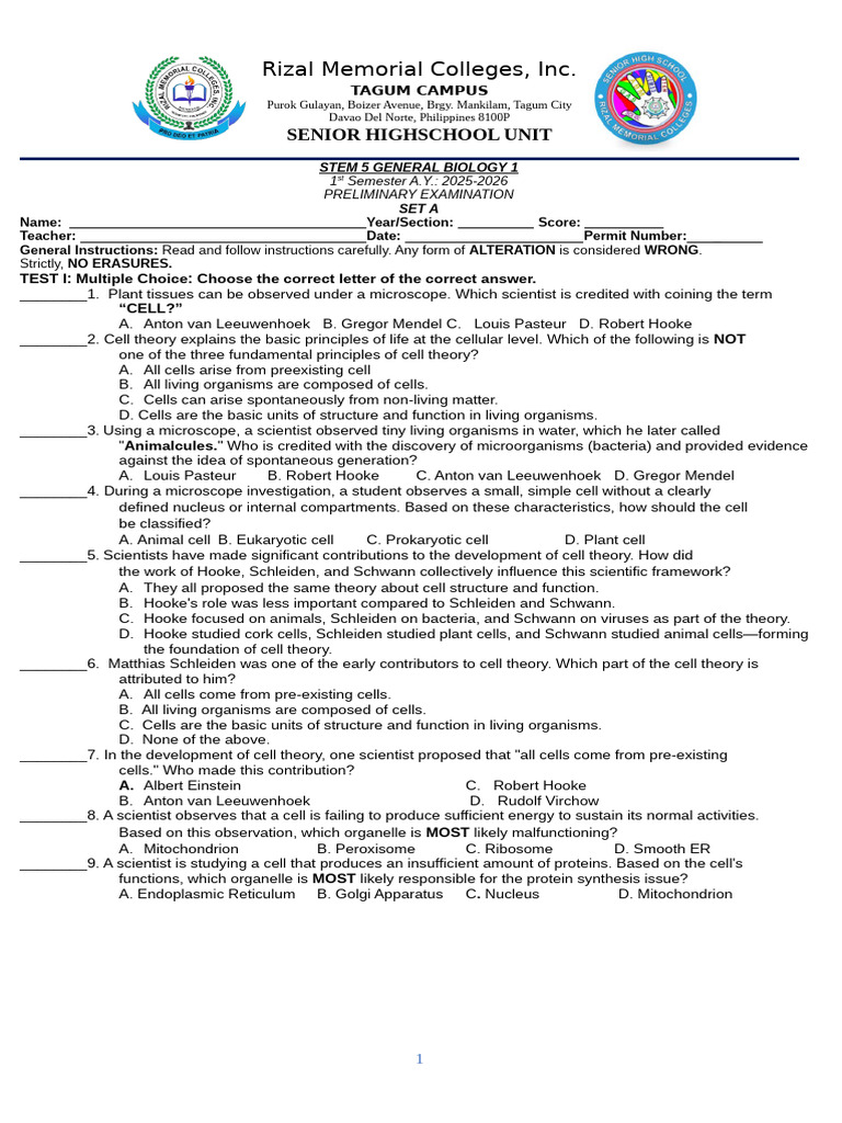 Rizal Memorial Colleges STEM Biology Exam | PDF | Cell (Biology ...