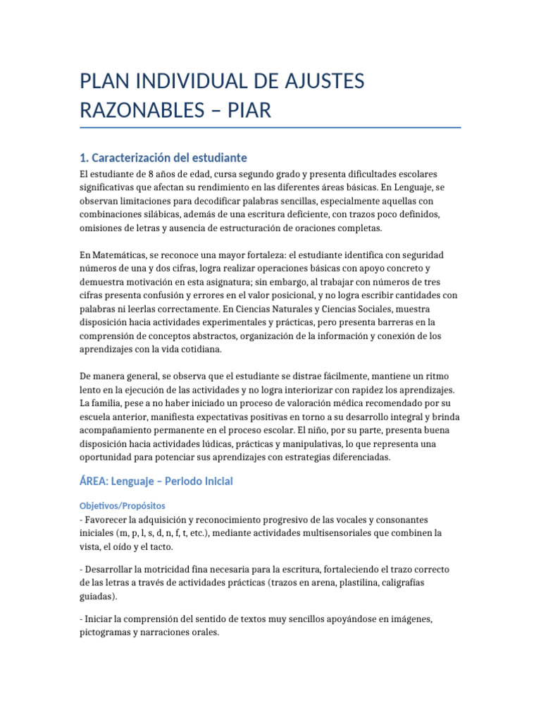 Plan de Ajustes Razonables para Estudiante | PDF | Aprendizaje | Escritura