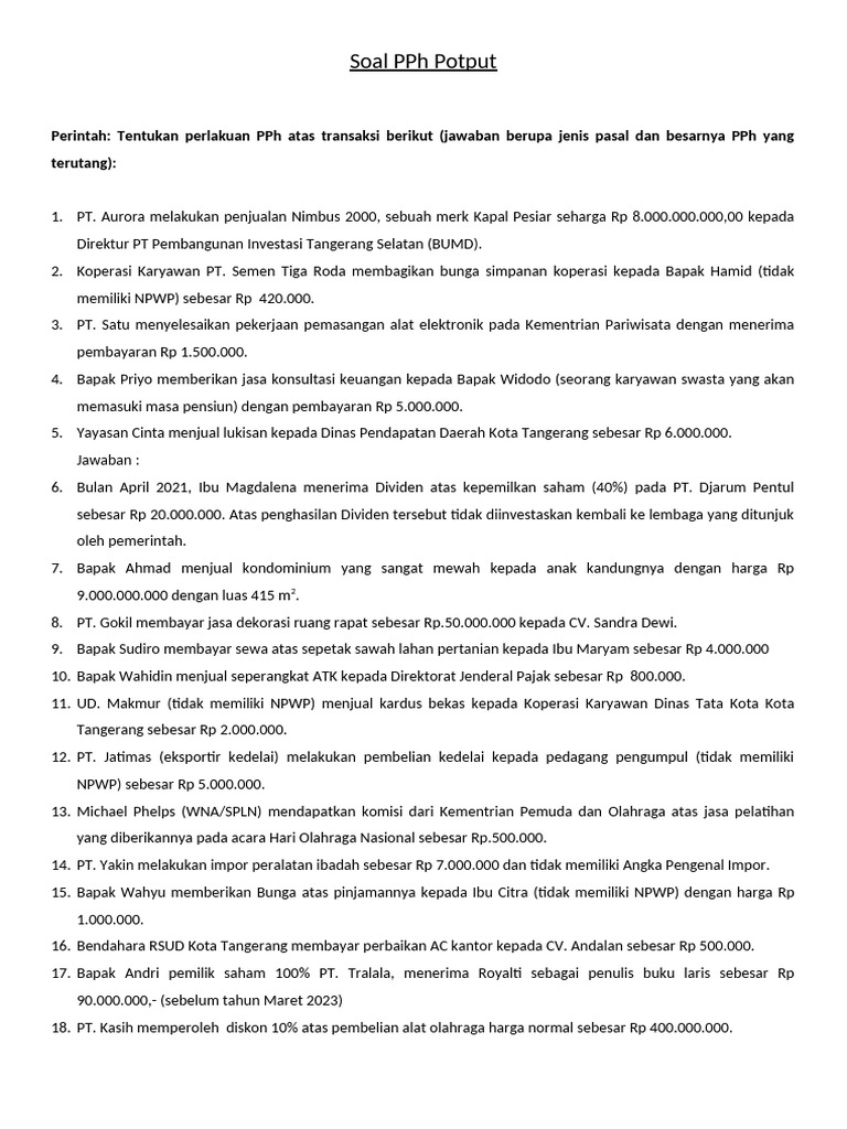 Soal Pph Potput Lainnya Selain Pasal 21 Pdf