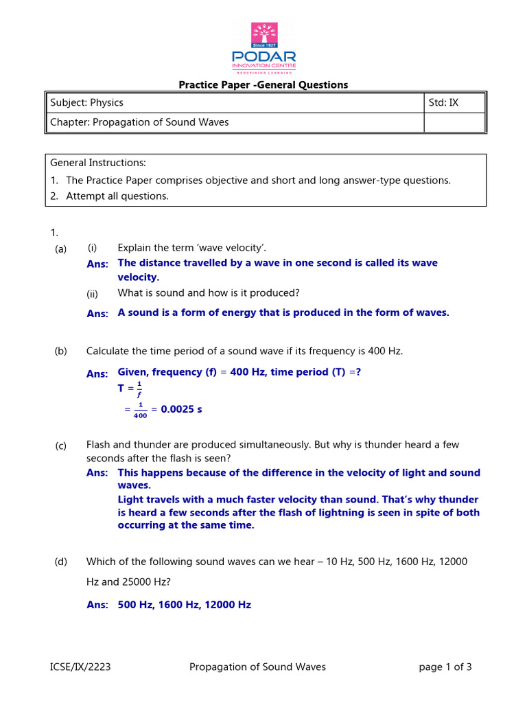 AS - IC - IX - Phy - CH 8 Propagation of Sound Waves - General Qs | PDF ...