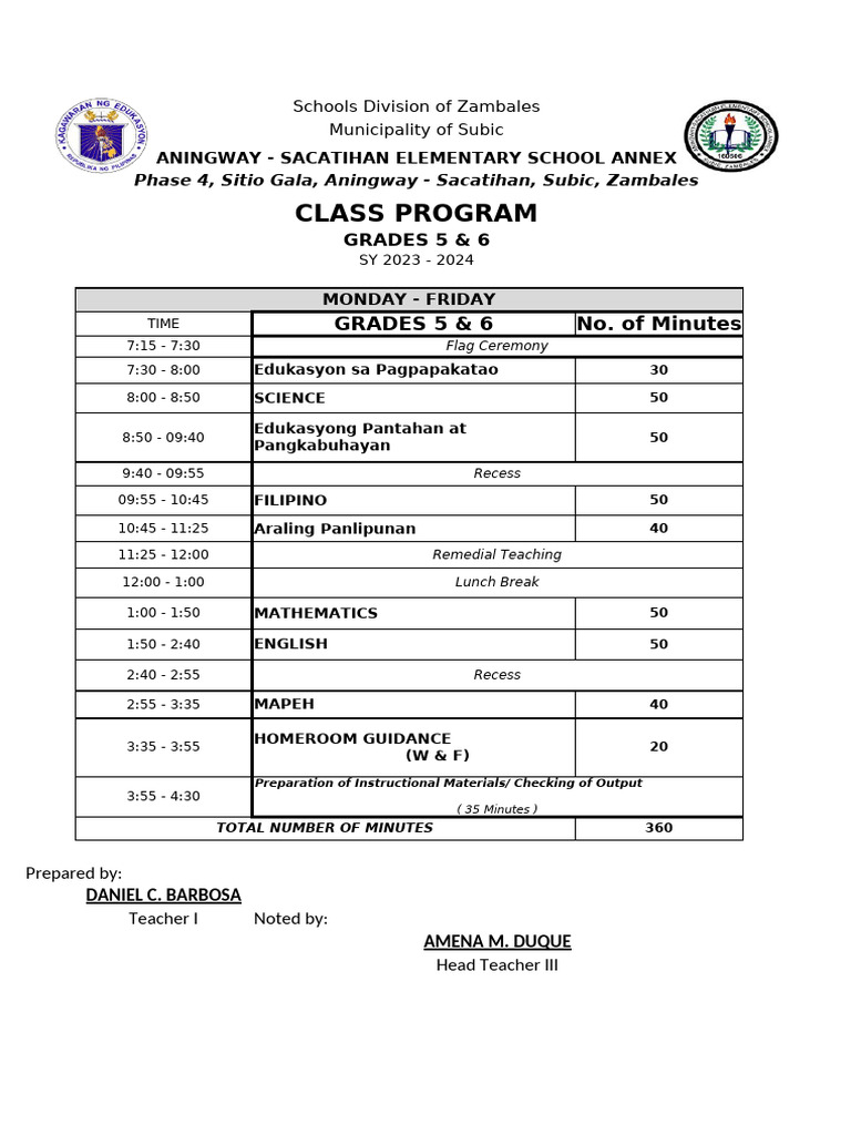 2025 - 2026 Asesa Grades 4 - 6 General Class Program | PDF ...