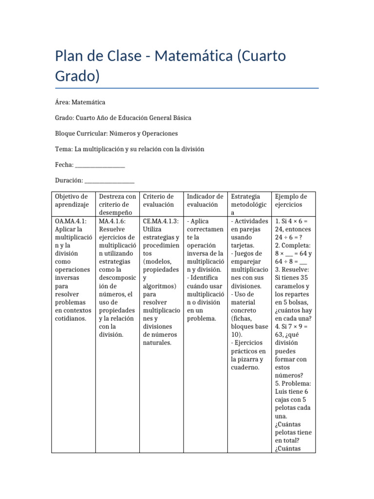 Plan de Clase Matemáticas Cuarto Con Ejercicios | PDF | Aprendizaje ...