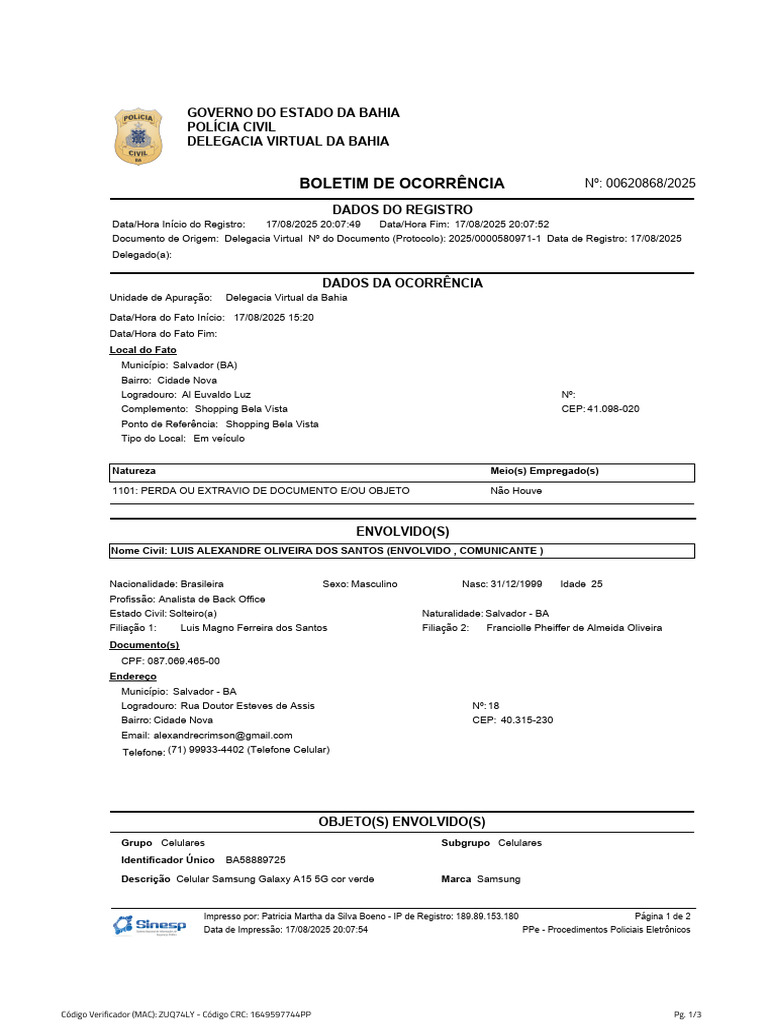 BOLETIM DE OCORRÊNCIA: Celular Extraviado | PDF
