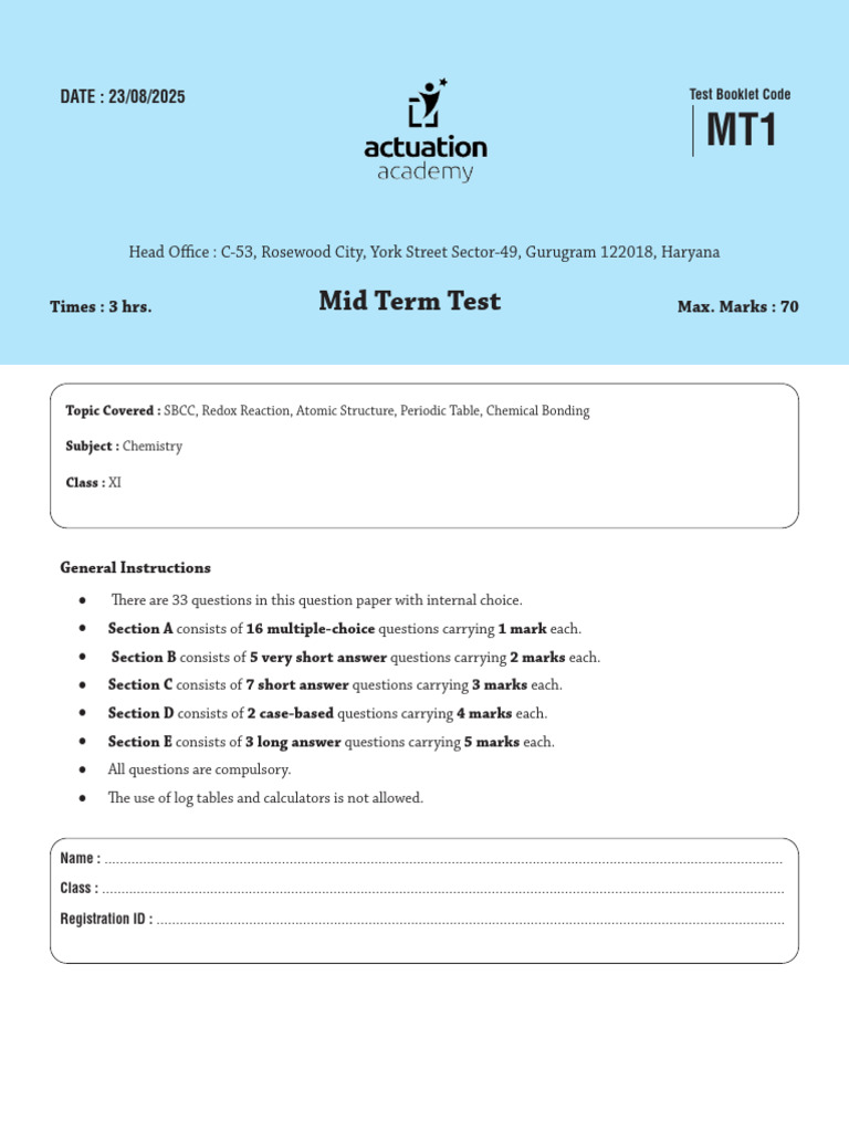 Chemistry Mid Term Test Paper XI | PDF | Atomic Orbital | Spin (Physics)
