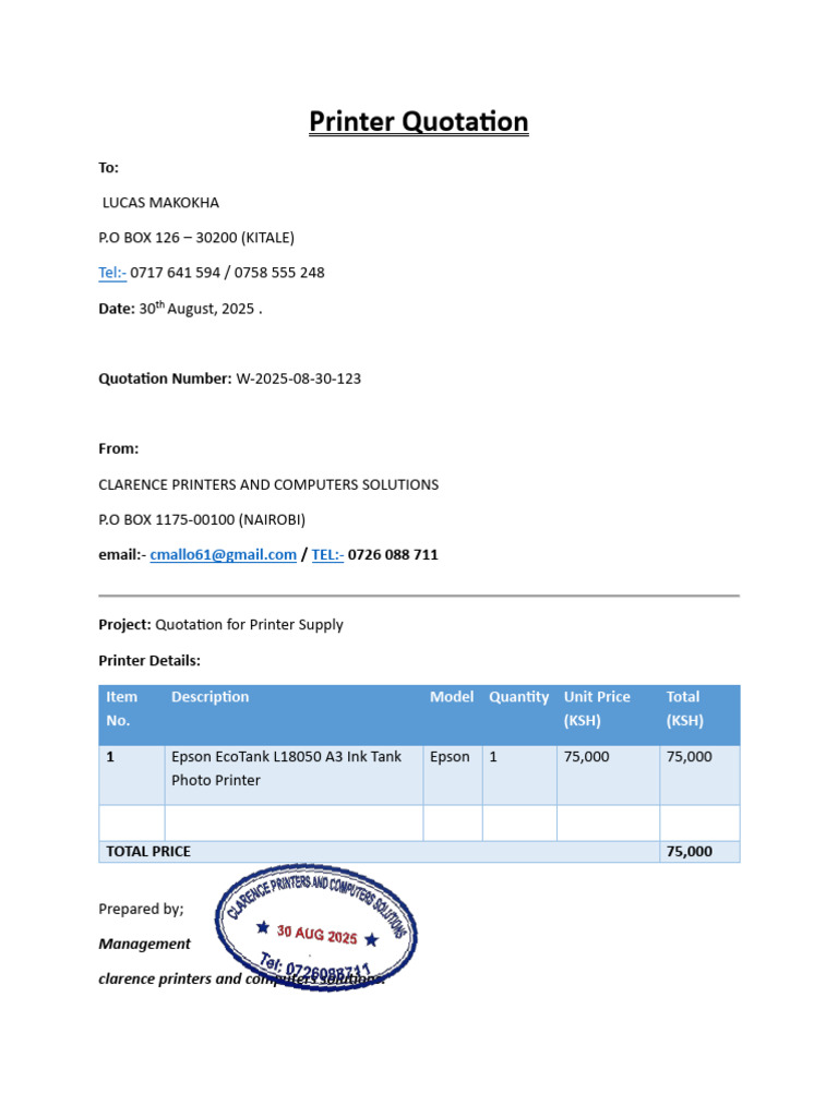 Printer Quotation for Epson L18050 | PDF