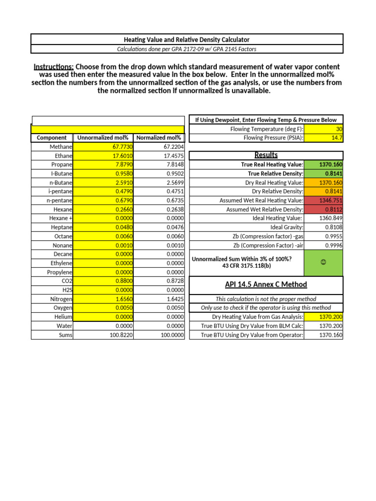 Heating Value, Gas Analysis, & Fidelity Check Spreadsheet | PDF | Gas ...