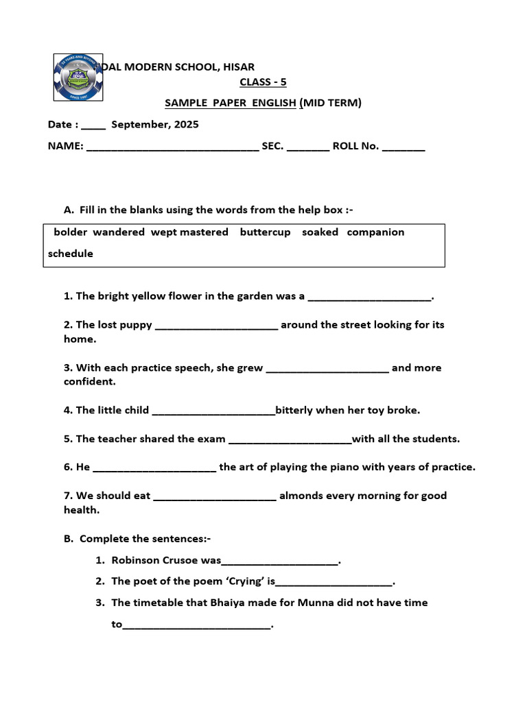 Class 5 Sample Paper English | PDF | Noun | Linguistics