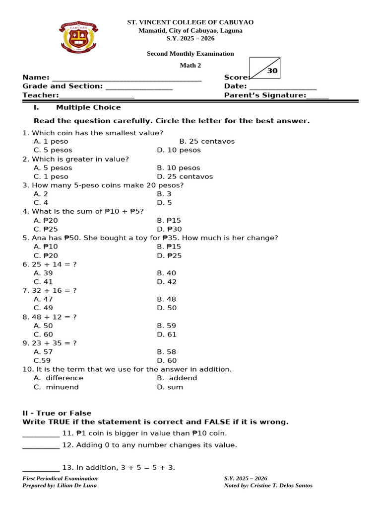 2nd Monthly TQ in Mathematics 2 | PDF | Currency