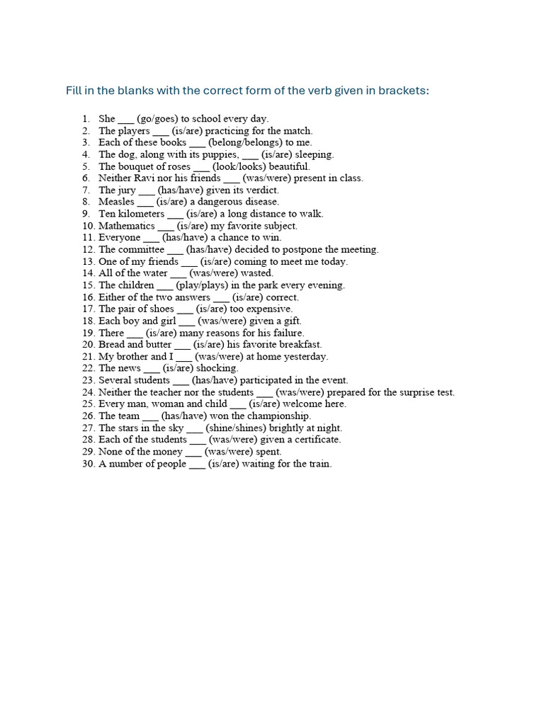 Verb Form Exercise Fill-in-the-Blanks | PDF