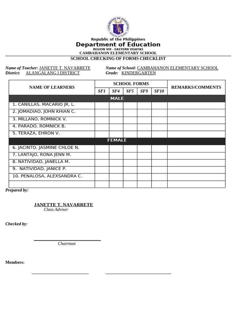 Kindergarten School Forms Checklist | PDF
