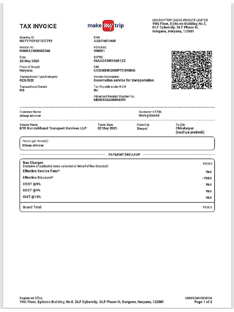 Make My Trip Invoice | PDF