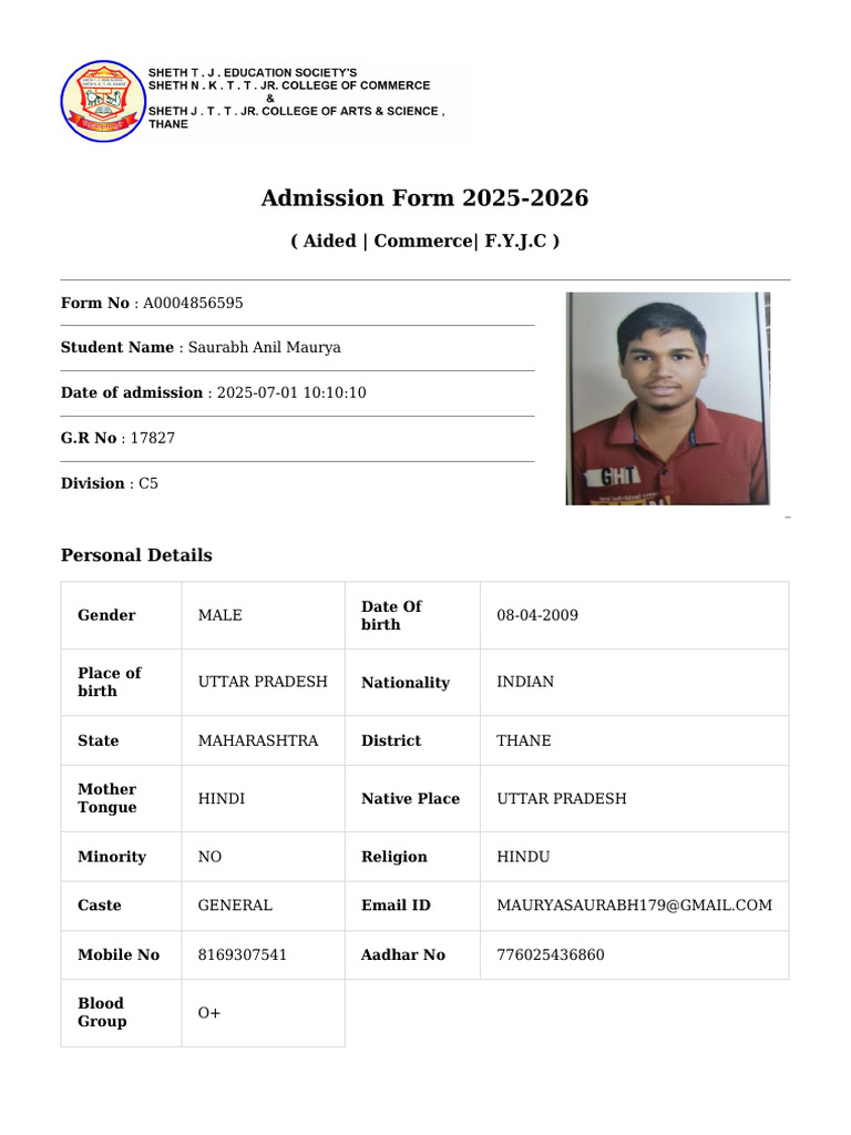 Admission Form 2025-2026: (Aided - Commerce - F.Y.J.C) | PDF | Signature