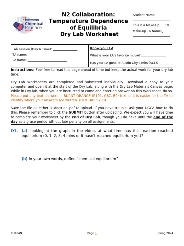 N2 Equilibria Dry Lab Worksheet | PDF