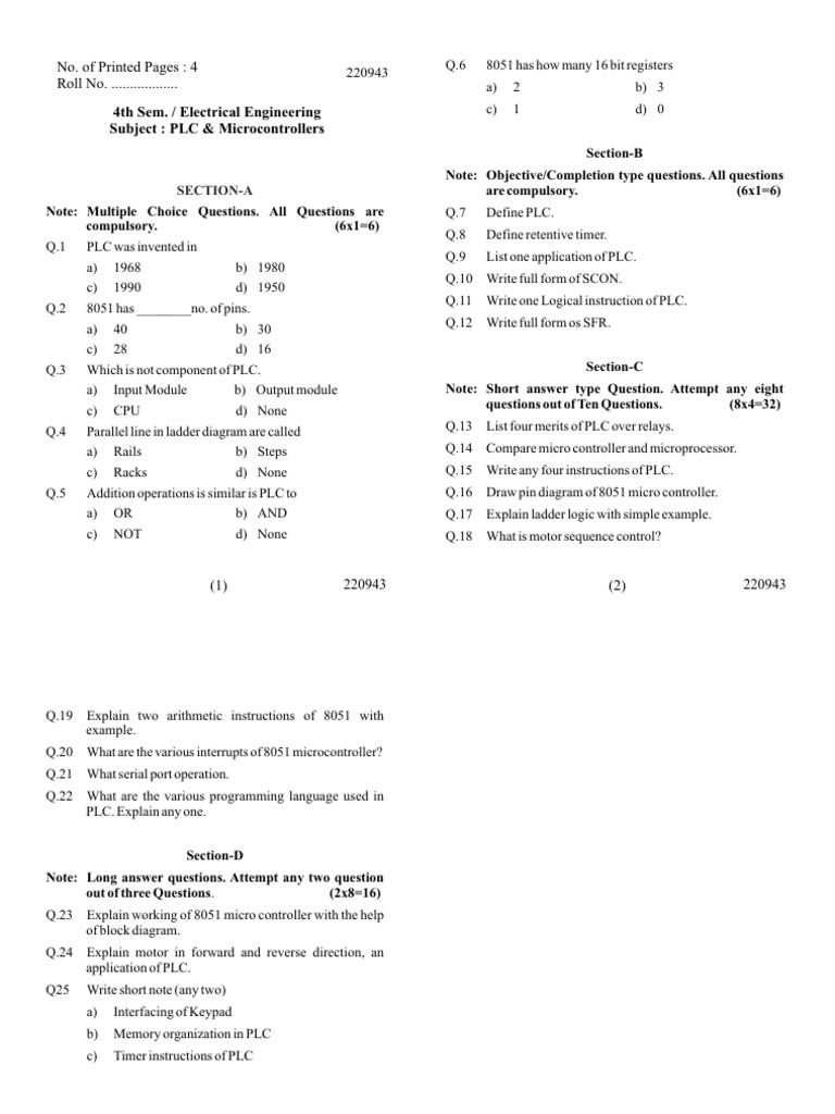 PLC & Microcontroller Exam Questions | PDF | Programmable Logic ...