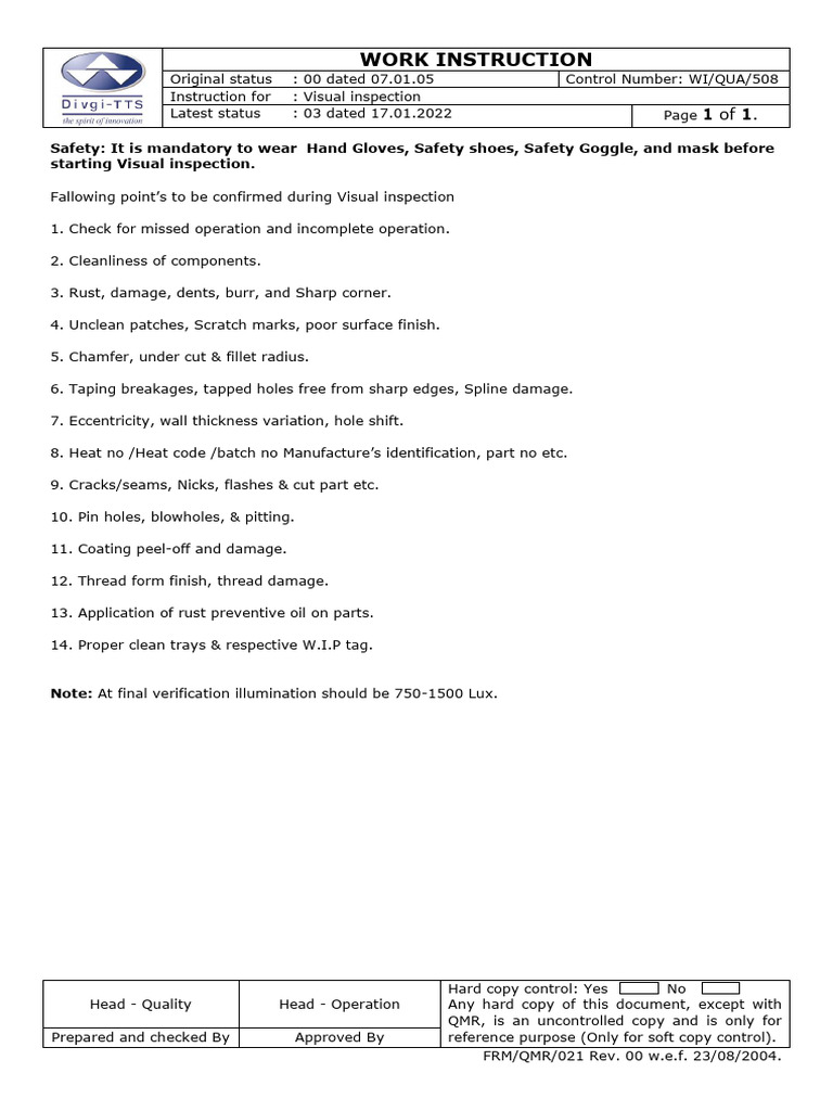Visual Inspection Work Instruction Guide | PDF