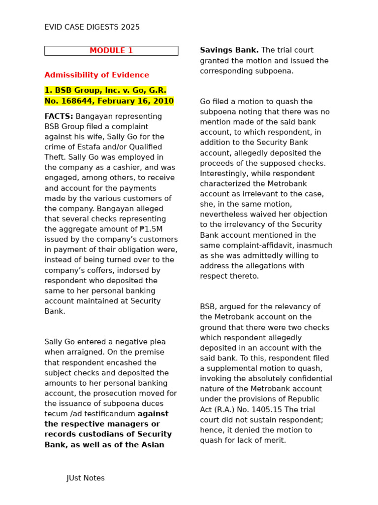 Evidence Admissibility Case Summaries | PDF | Plea | Search And Seizure